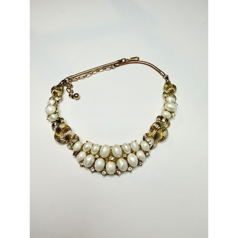 Vintage Coro Faux Pearl Rhinestone Statement Necklace Gold Tone